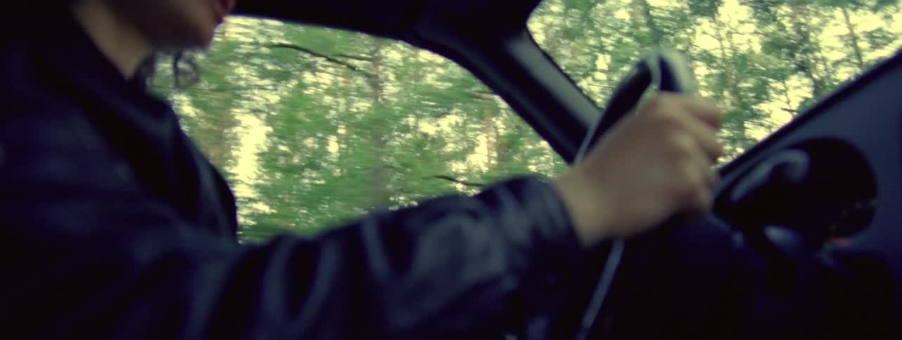 Arms of a person driving a vehicle in a wooded environment
