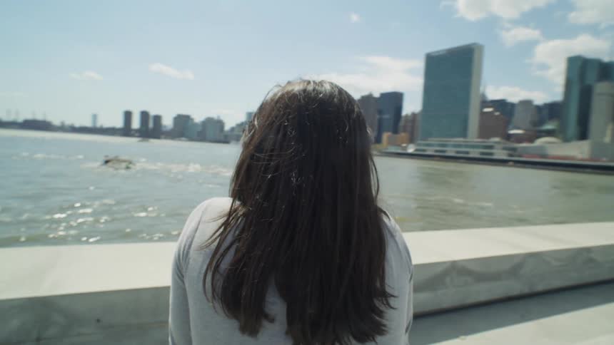 A tourists views the skyline from the shore
