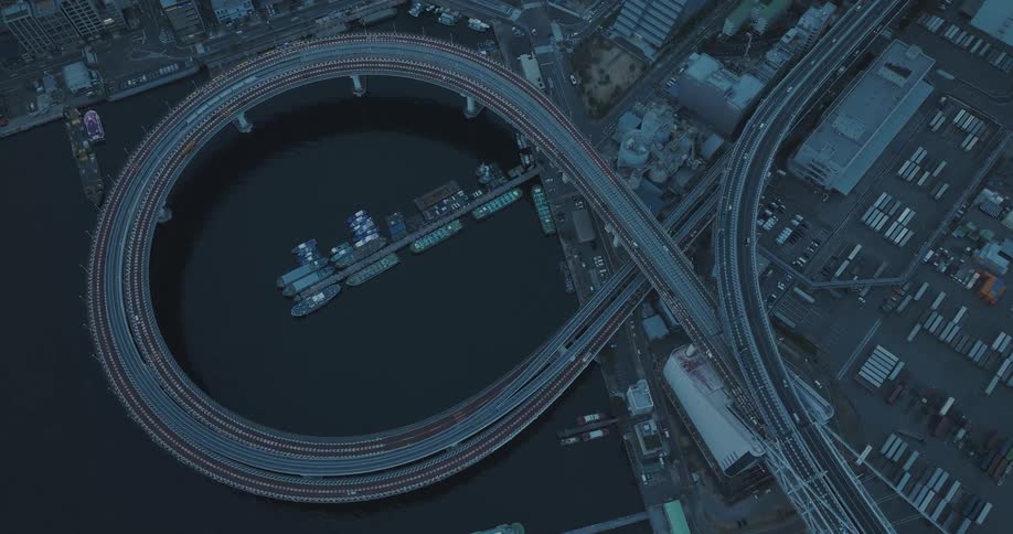Detailed aerial view of the Tokyo Rainbow Bridge loop