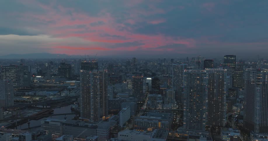 Aerial view of downtown Tokyo at dusk