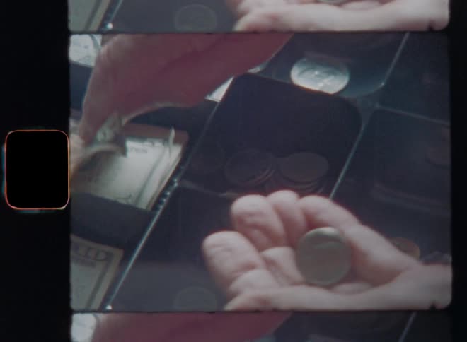 Dynamic Super 8 mm film footage of old wrinkled hands opening the drawer of a cash register and taking out dollar bills and cent coins and placing the money on the machine for the customer to receive his change