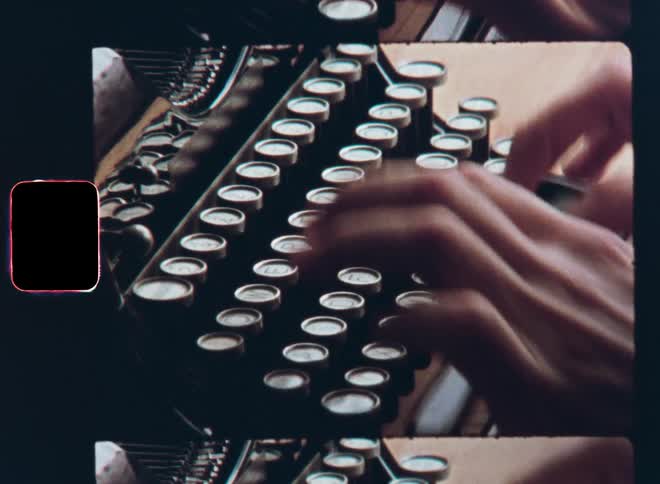 A woman or female author or writer types on an old vintage typewriter writing a story or letter to a pen pal or friend as symbol for communication before the digital age back in the analog days