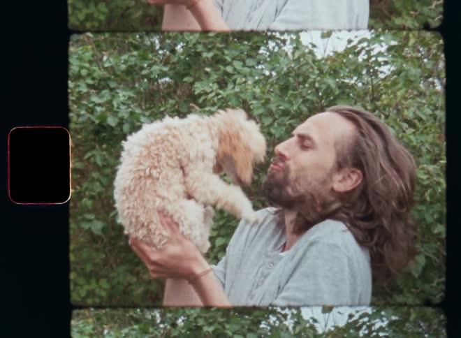 Super 8mm film clip of a man that holds a tiny wiggling puppy up to his face to allow it to lick him as he kisses the cute and adorable dog to express his affection and love while they are playing outside in the green garden