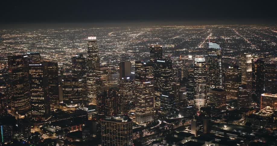 An aerial view of downtown los angeles at night