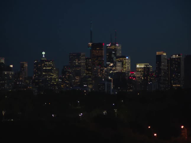 The landscape features illuminated skyscrapers and tall buildings in the city creating a striking sight against the dark night sky