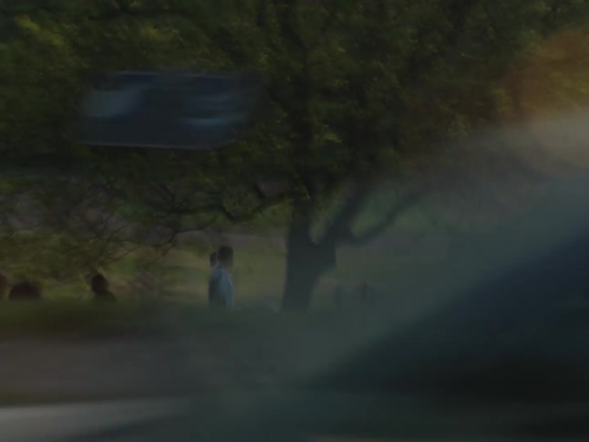 People are seen on a public park with a distant city skyline viewed from a car driving on a highway