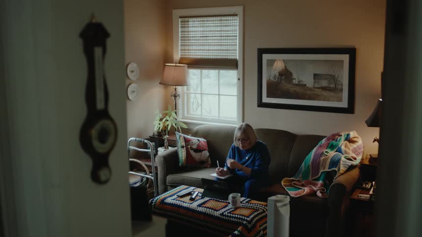 Elderly woman takes notes from a laptop in the living room at home