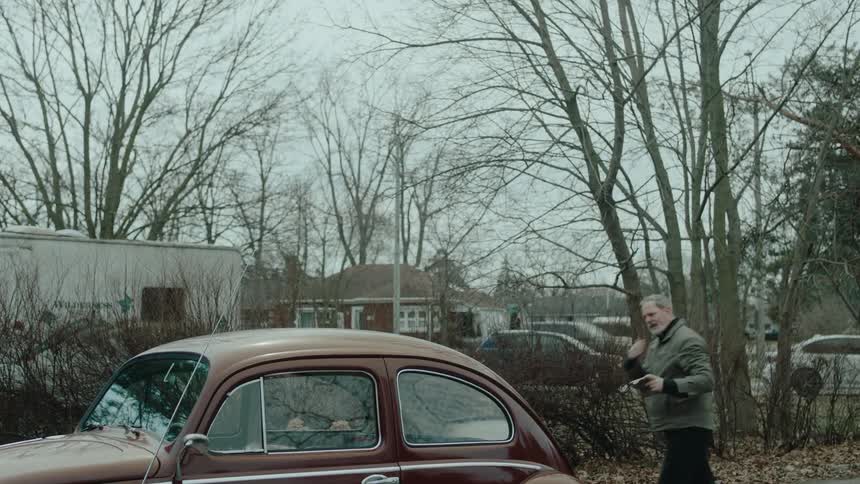 A man is taking a photo of a brown beetle that is parked