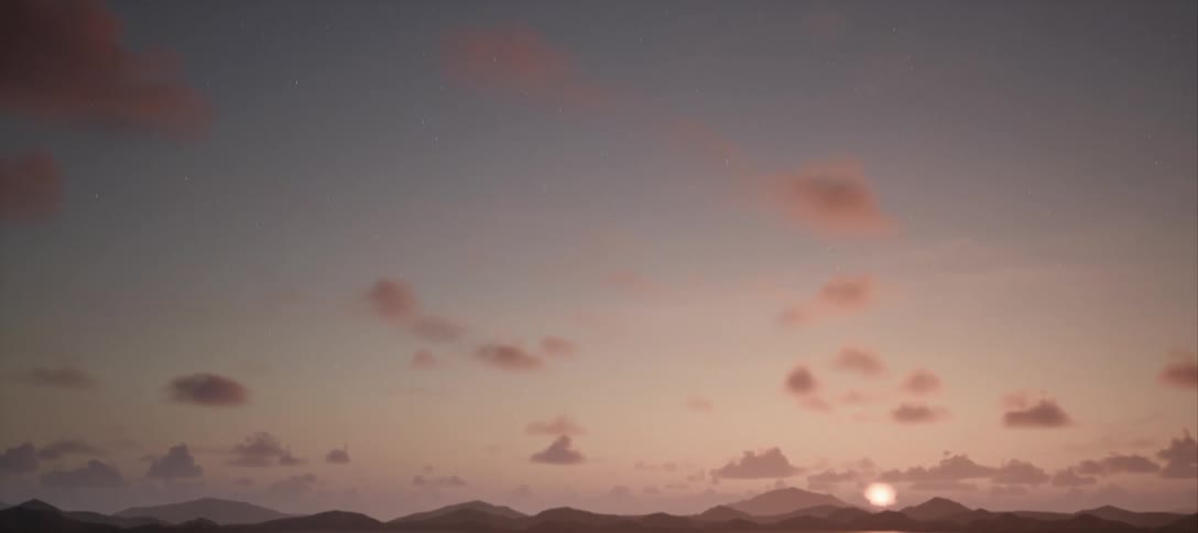 A luxury car drives over an arid plain toward the sun setting over mountains