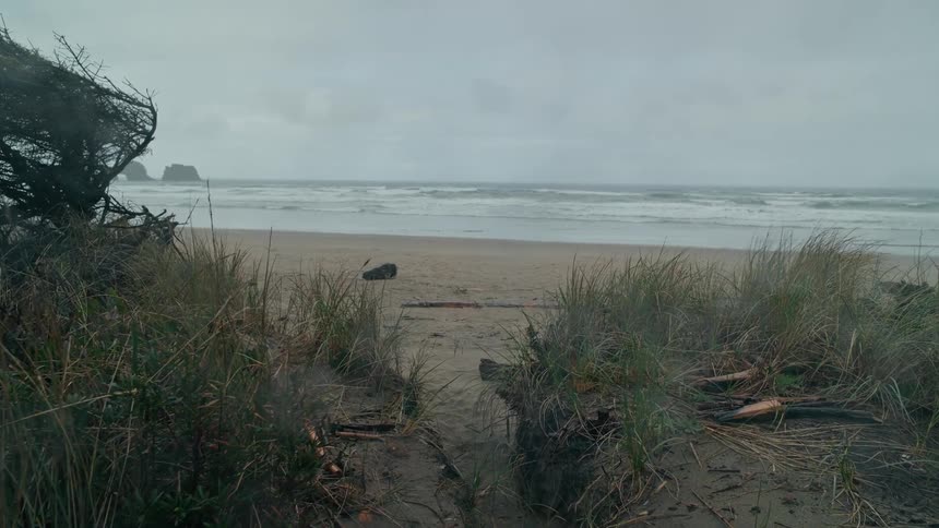 A gray sky looms over a desolate beach with light ocean waves
