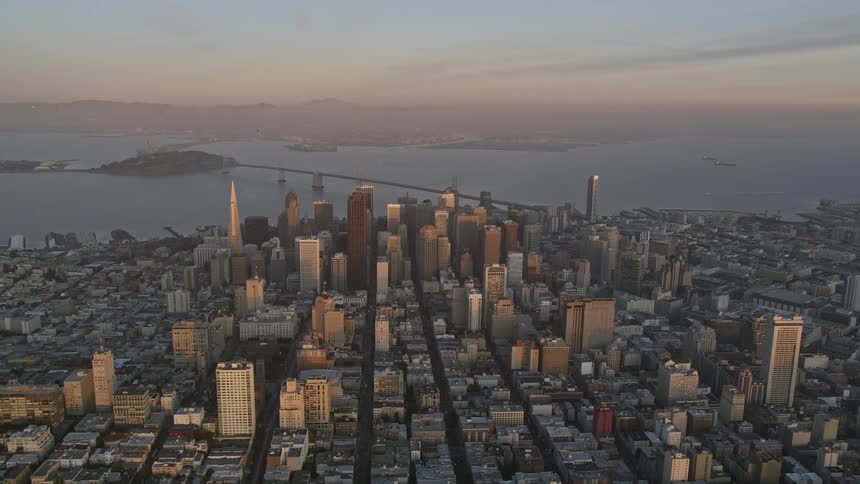 Aerial panoramic view of a metropolis with skyscrapers and seaside urban areas from a morning sky