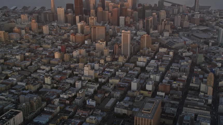 Aerial panorama of intersections in a metropolis like skyscrapers by the sea