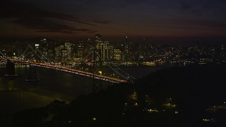 Aerial view of the oakland bay bridge in san francisco at night
