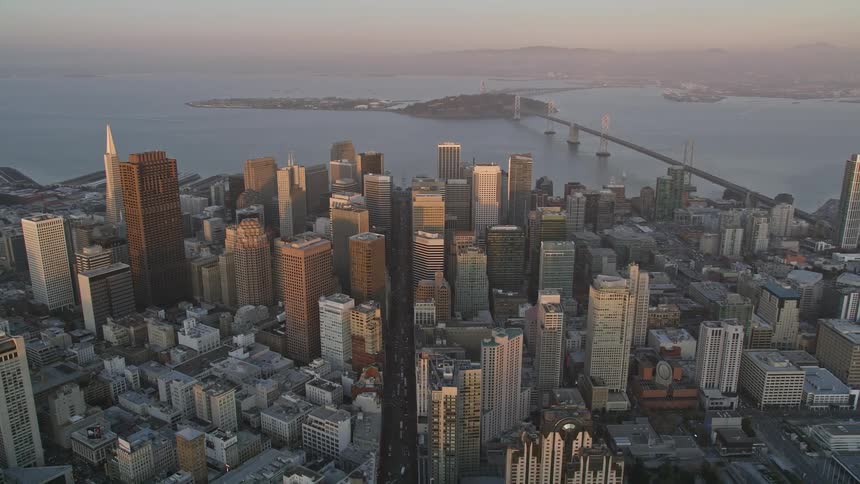 Panoramic aerial view of a large metropolis with skyscrapers by the sea and on a morning