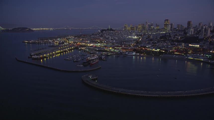 Aerial view of waterfront docks with a metropolis of skyscrapers and commercial and urban buildings at night