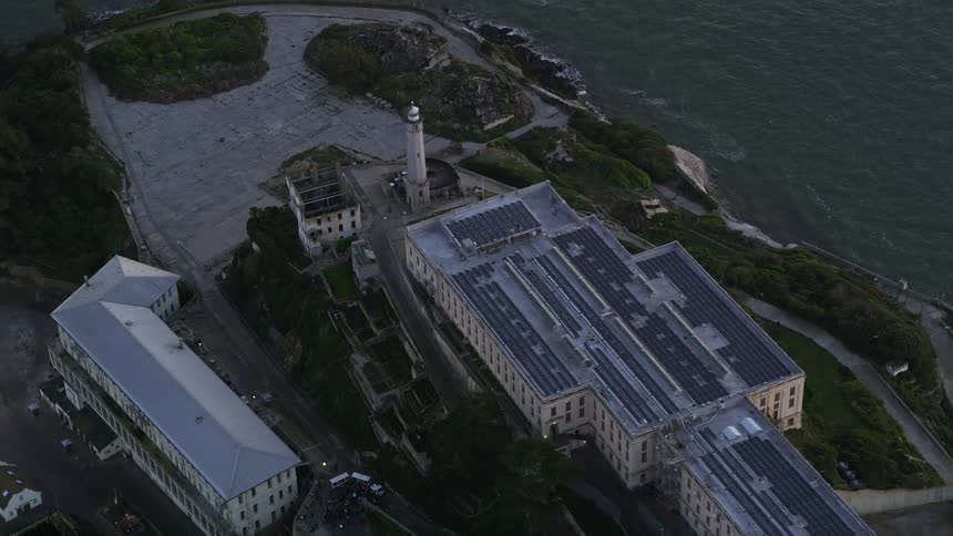 Aerial panorama of a penitentiary with a viewpoint on an isolated island in the middle of the sea