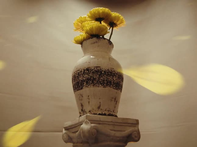 A vase with yellow flowers over a pedestal spinning in a room with petals flying around