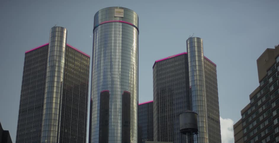 A large tower complex in a downtown area of a city