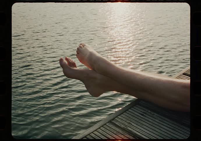 A white person stretches their legs out over a lake