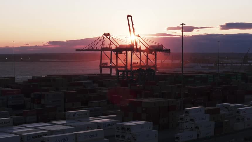 A harbor full of cargo containers and a crane to move them