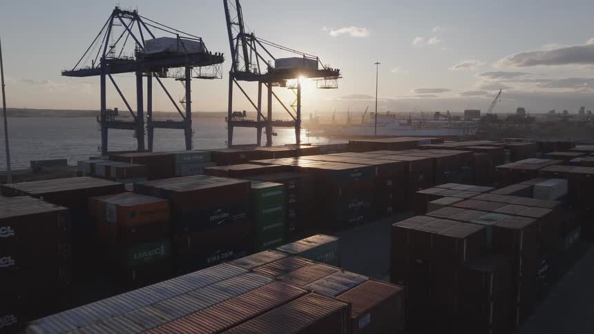 Shipping containers are lined up on the shore