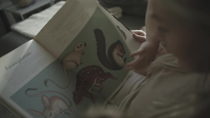 A mother is reading an illustrated book with her children in a dimly lit room