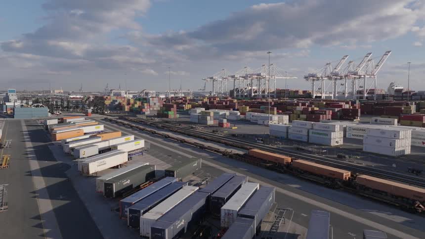 A place with many containers scattered around and some cranes in the background