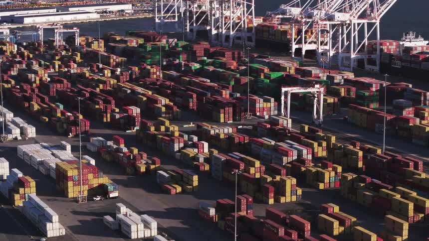 The port is full of shipping containers