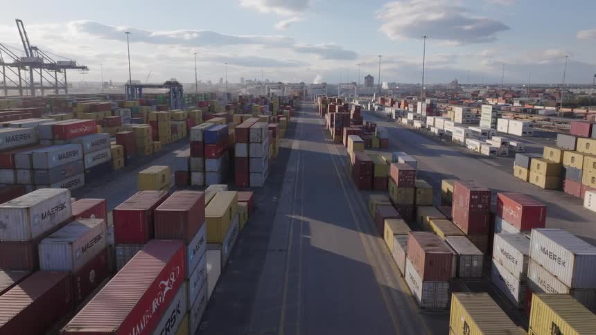 Aerial panorama of stacks of containers in a port