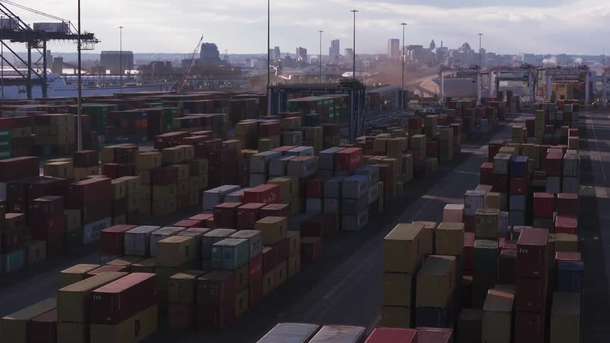 Aerial view of shipping containers at a container depot