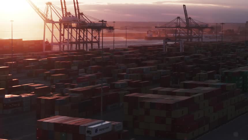 Aerial scenery of a port with containers on the seafront and the silhouette of a metropolis on the horizon