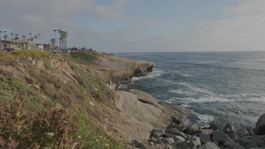 A view of the ocean from a cliff with the cliff face covered in green grass and wildflowers the deep blue ocean with whitecaps on the waves