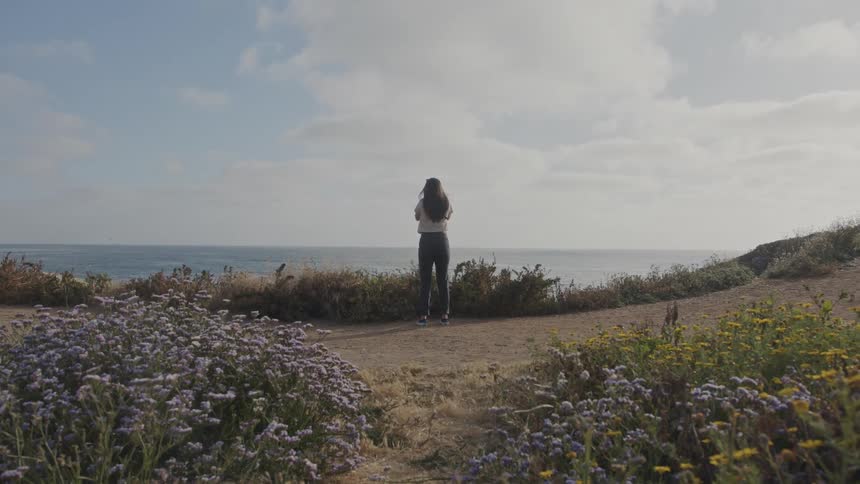 Woman with her back and facing the sea in a natural environment