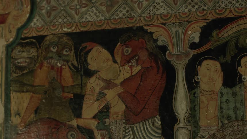 Artwork displays fantastic monsters attacking human victims