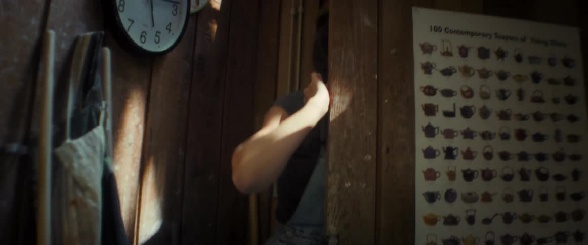 Smiling woman opening the door and entering a room