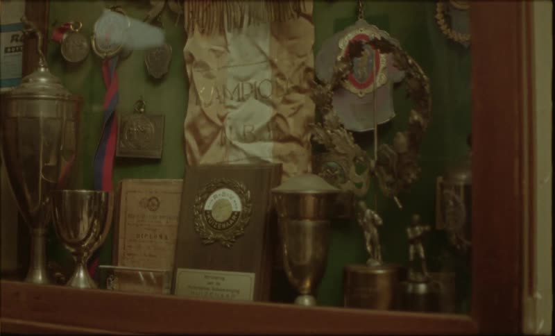 Trophy case contains several medals and trophies