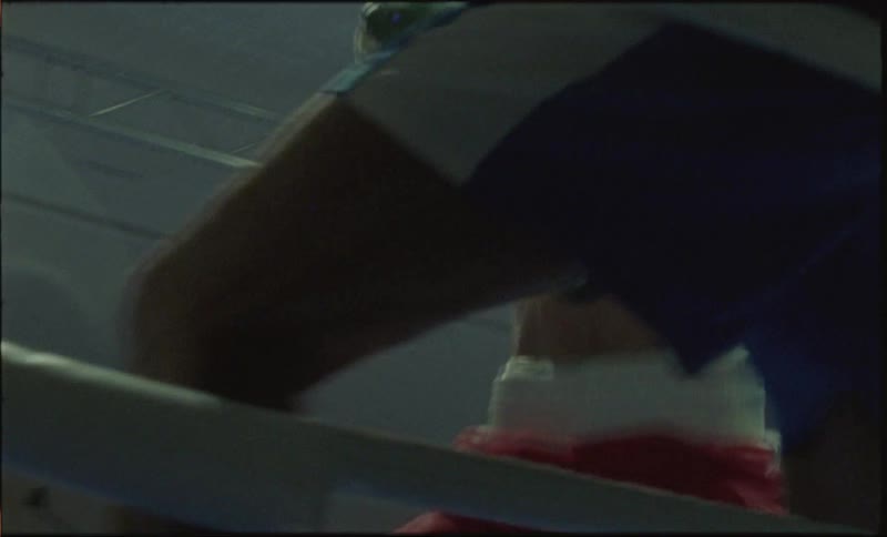 Two boxers in red and blue boxing shorts are boxing in a boxing ring