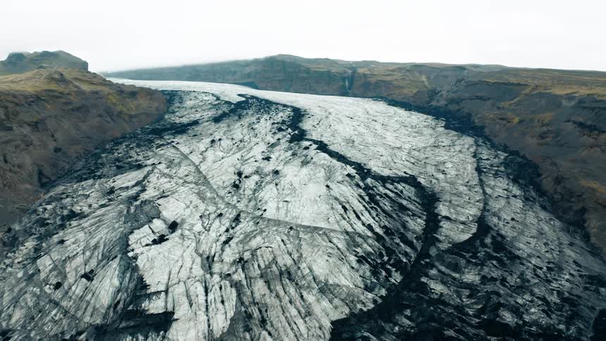 Aerial view of the frozen landscape of flaajokull glacier in iceland