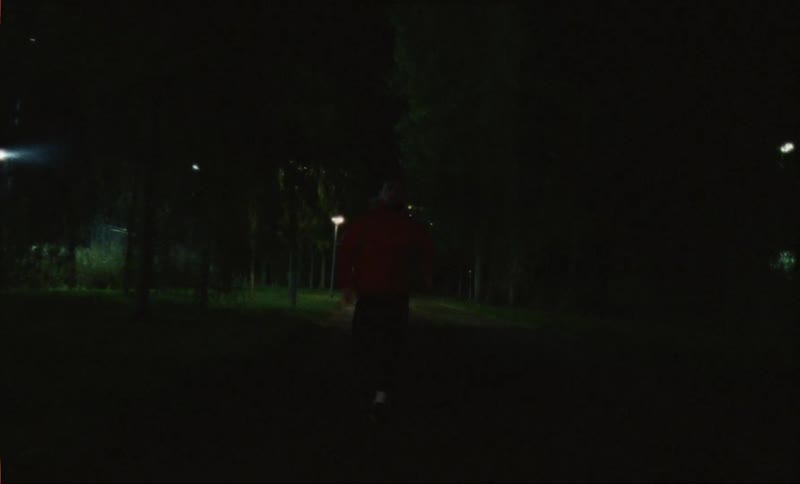 A person in a red jacket is jogging on a path at night