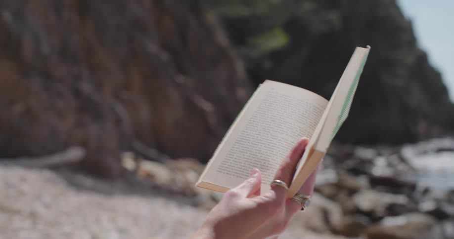 A woman sitting on a tropical beach reading a book