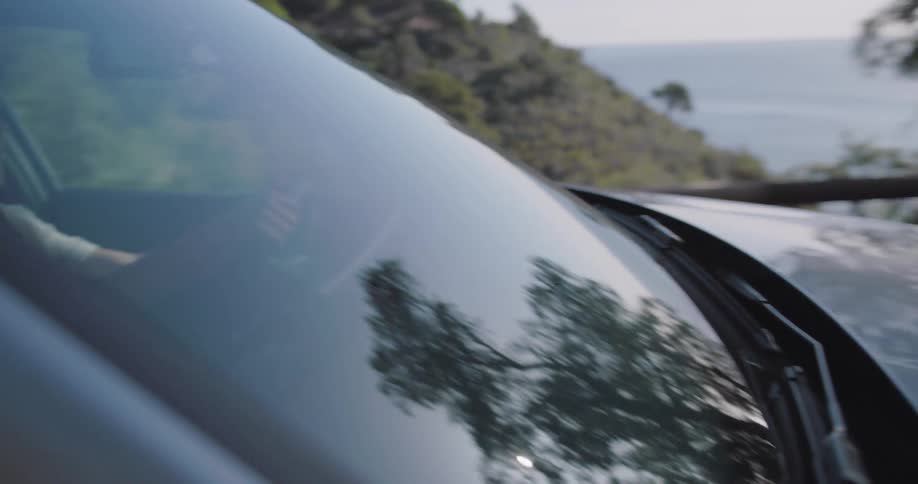 Person leaning out of a cars passenger side near the ocean