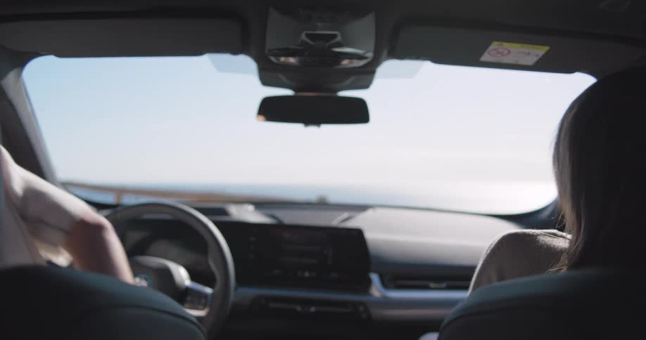 Man and woman getting into the car and looking at each other and talking happily