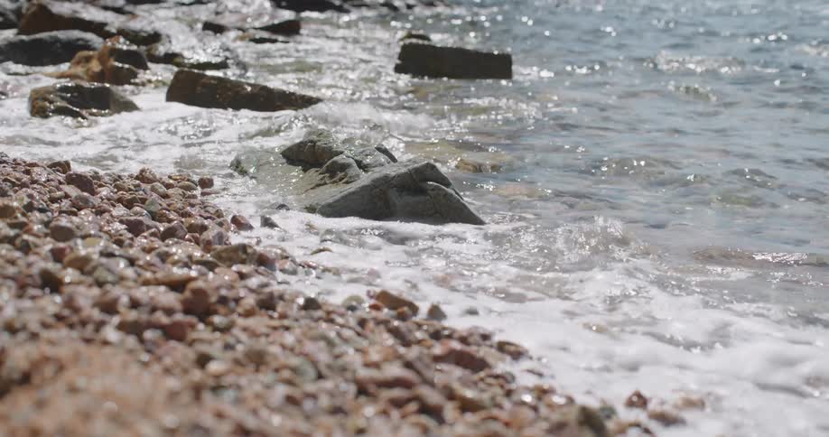 Closeup view of a rocky shoreline with small waves