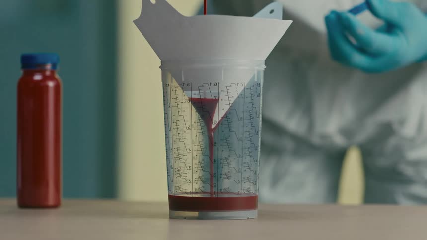 A scientist in a lab coat carefully pours liquid into a container conducting an experiment in a laboratory setting