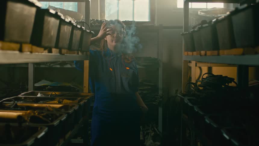 Coworkers stand in a dimly lit warehouse on a smoking break