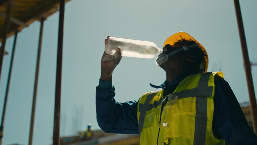 Man with helmet and a protective vest at a construction site drinking water