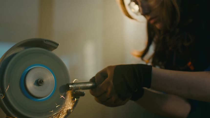 Concentrated woman with protective glasses welding a metal part on a machine that emits sparks
