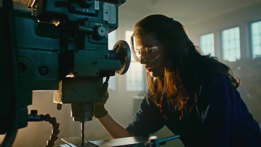 A person wearing safety goggles operates a milling machine in a workshop with sunlight streaming through the windows creating a focused and industrious atmosphere
