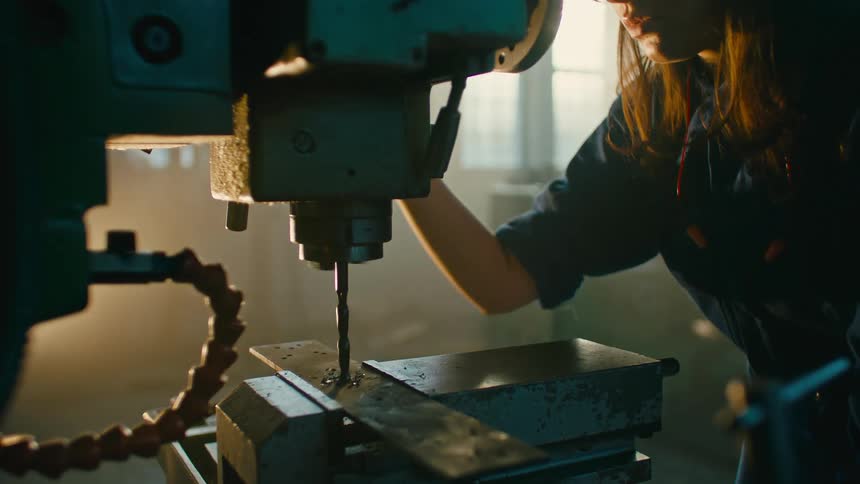 A factory worker is using a drill