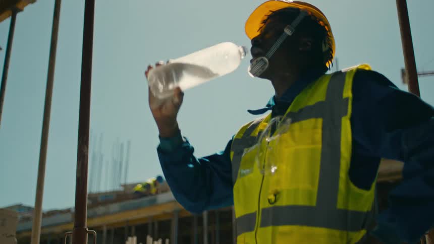 A construction worker wearing a hardhat and yellow visibility vest drinks water on a construction site